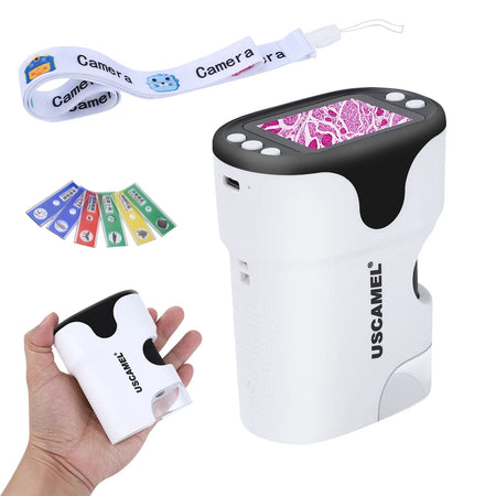 Pocket Digital Microscope for Kids 200X-1000X Handheld Microscope Toy for Children 2" Screen Microscope with LED Light 6 Slides, White