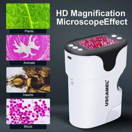 Pocket Digital Microscope for Kids 200X-1000X Handheld Microscope Toy for Children 2" Screen Microscope with LED Light 6 Slides, White