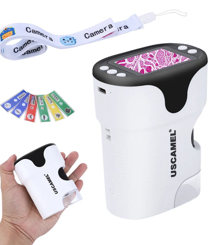 Pocket Digital Microscope for Kids 200X-1000X Handheld Microscope Toy for Children 2" Screen Microscope with LED Light 6 Slides, White
