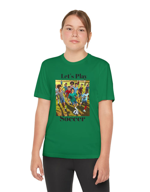 Load image into Gallery viewer, Youth Soccer Tee - Let&#39;s Play Soccer, Kids Sports Shirt, Soccer T-Shirt, Activewear for Boys &amp; Girls, Team Spirit Apparel
