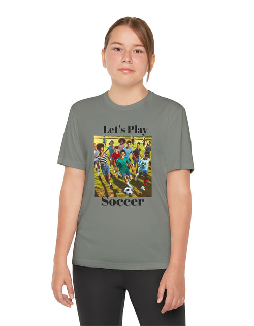 Load image into Gallery viewer, Youth Soccer Tee - Let&#39;s Play Soccer, Kids Sports Shirt, Soccer T-Shirt, Activewear for Boys &amp; Girls, Team Spirit Apparel

