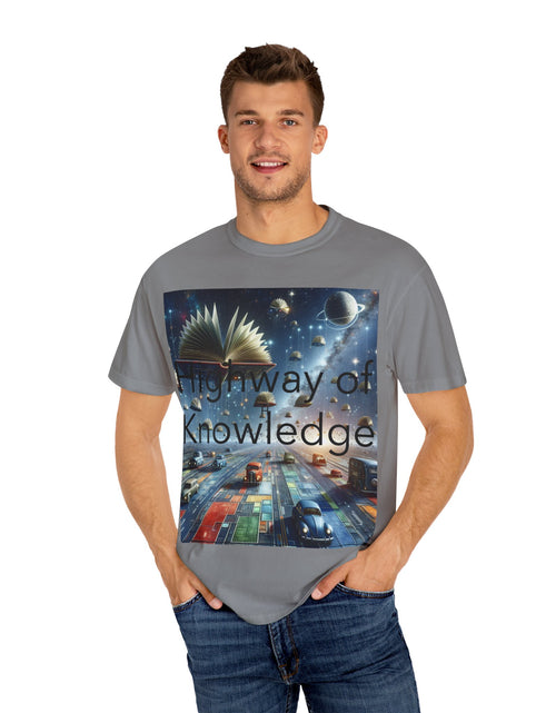 Load image into Gallery viewer, Highway of Knowledge Unisex Garment-Dyed T-shirt, Casual Tee, Gift for Readers, Book Lovers T-shirt, Unique Graphic Tee, Educational Apparel

