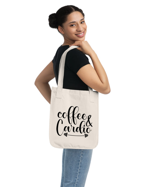 Load image into Gallery viewer, Coffee &amp; Cardio Organic Canvas Tote Bag | Gym Tote, Eco-Friendly, Workout Accessories, Gift for Fitness Lovers, Everyday Use
