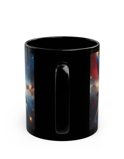 Load image into Gallery viewer, Cosmic Escape Mug, Black Coffee Mug, Space-Themed Gift, Sci-Fi Mug, Book Lover&#39;s Mug, 11oz &amp; 15oz, Unique Cosmic Artwork
