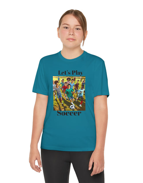 Load image into Gallery viewer, Youth Soccer Tee - Let&#39;s Play Soccer, Kids Sports Shirt, Soccer T-Shirt, Activewear for Boys &amp; Girls, Team Spirit Apparel
