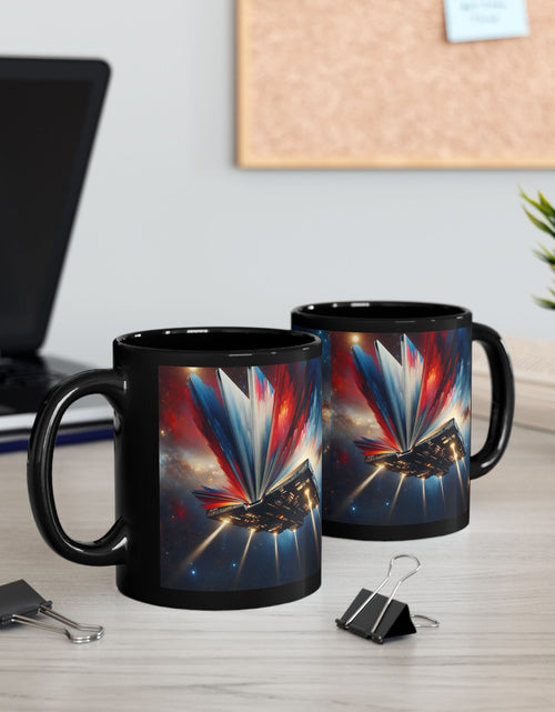 Load image into Gallery viewer, Cosmic Escape Mug, Black Coffee Mug, Space-Themed Gift, Sci-Fi Mug, Book Lover&#39;s Mug, 11oz &amp; 15oz, Unique Cosmic Artwork
