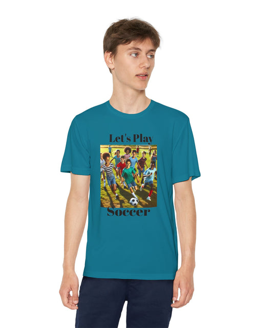Load image into Gallery viewer, Youth Soccer Tee - Let&#39;s Play Soccer, Kids Sports Shirt, Soccer T-Shirt, Activewear for Boys &amp; Girls, Team Spirit Apparel
