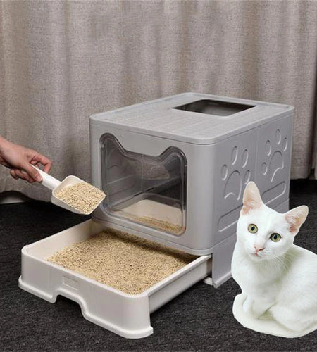 XXL Large Space Foldable Cat Litter Box with Front Entry & Top Exit with Tray