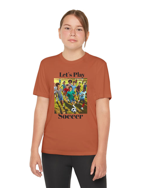Load image into Gallery viewer, Youth Soccer Tee - Let&#39;s Play Soccer, Kids Sports Shirt, Soccer T-Shirt, Activewear for Boys &amp; Girls, Team Spirit Apparel
