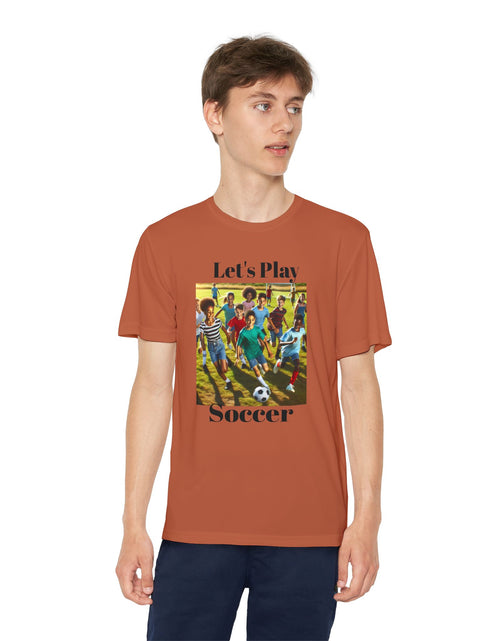 Load image into Gallery viewer, Youth Soccer Tee - Let&#39;s Play Soccer, Kids Sports Shirt, Soccer T-Shirt, Activewear for Boys &amp; Girls, Team Spirit Apparel
