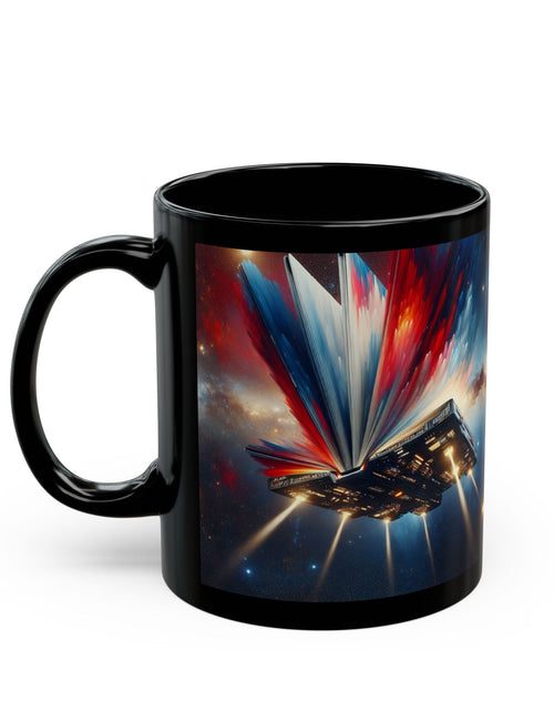Load image into Gallery viewer, Cosmic Escape Mug, Black Coffee Mug, Space-Themed Gift, Sci-Fi Mug, Book Lover&#39;s Mug, 11oz &amp; 15oz, Unique Cosmic Artwork
