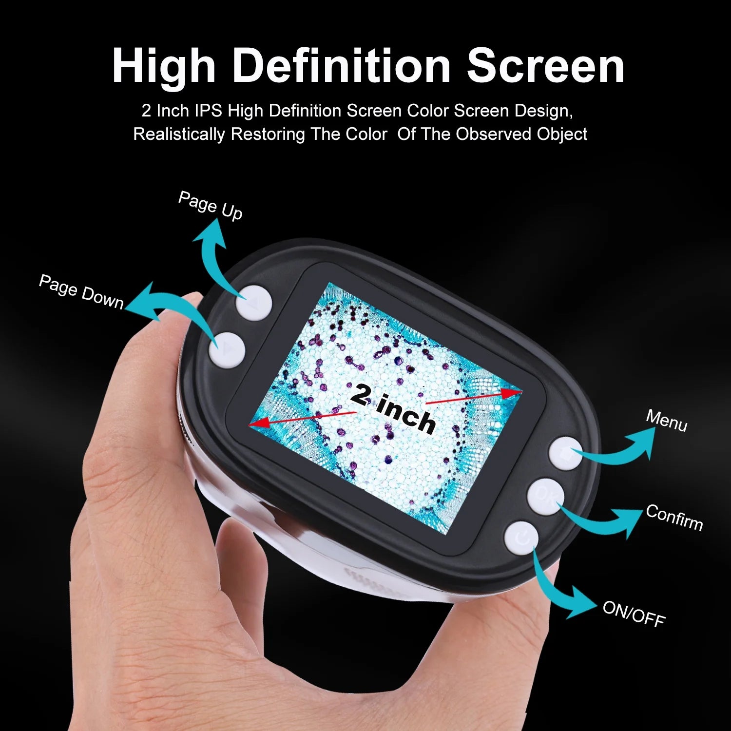 Pocket Digital Microscope for Kids 200X-1000X Handheld Microscope Toy for Children 2" Screen Microscope with LED Light 6 Slides, White