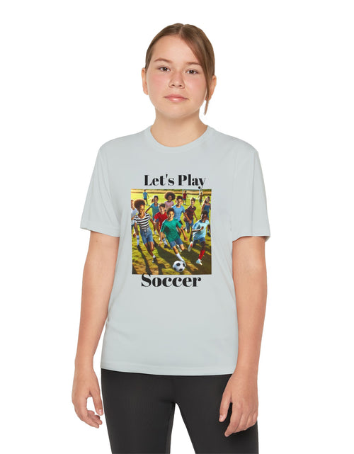 Load image into Gallery viewer, Youth Soccer Tee - Let&#39;s Play Soccer, Kids Sports Shirt, Soccer T-Shirt, Activewear for Boys &amp; Girls, Team Spirit Apparel
