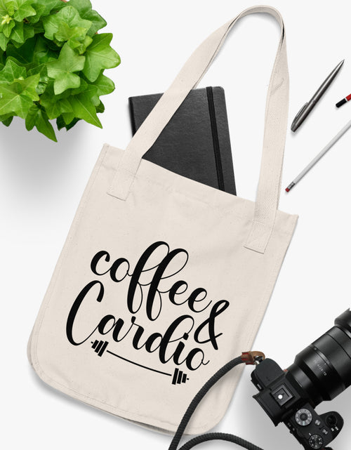 Load image into Gallery viewer, Coffee &amp; Cardio Organic Canvas Tote Bag | Gym Tote, Eco-Friendly, Workout Accessories, Gift for Fitness Lovers, Everyday Use
