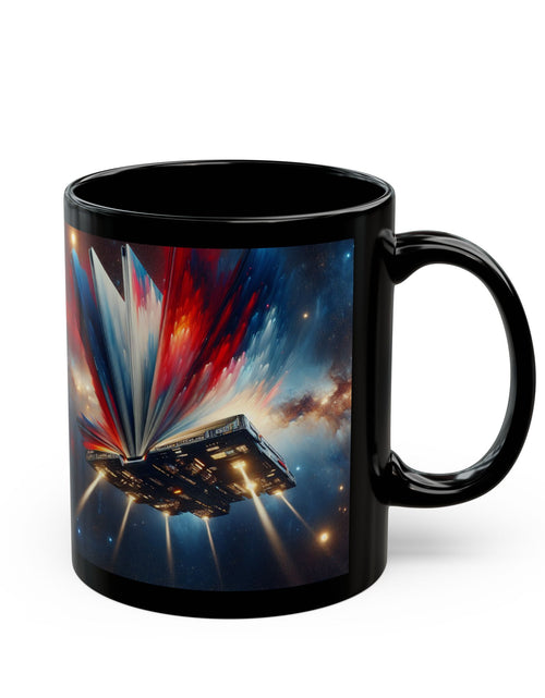 Load image into Gallery viewer, Cosmic Escape Mug, Black Coffee Mug, Space-Themed Gift, Sci-Fi Mug, Book Lover&#39;s Mug, 11oz &amp; 15oz, Unique Cosmic Artwork
