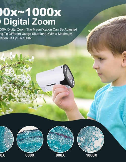 Load image into Gallery viewer, Pocket Digital Microscope for Kids 200X-1000X Handheld Microscope Toy for Children 2&quot; Screen Microscope with LED Light 6 Slides, White
