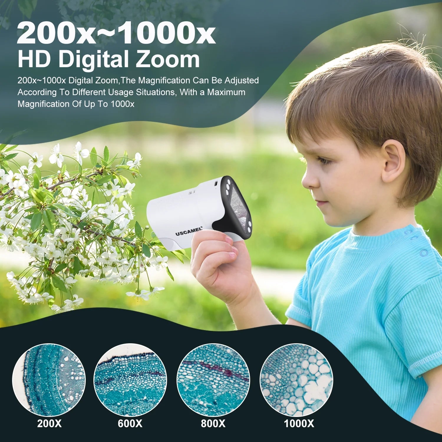 Pocket Digital Microscope for Kids 200X-1000X Handheld Microscope Toy for Children 2" Screen Microscope with LED Light 6 Slides, White