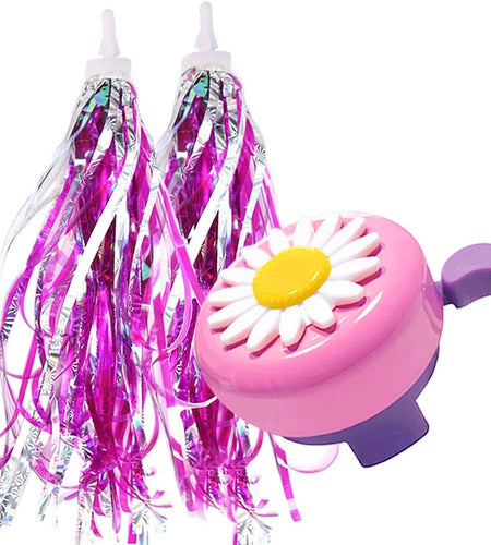 Kids Bike Bell and Streamers for Girls - 1 Pack Flower Bicycle Bell with 2 Pack Bike Streamers for Children'S Bike Accessories