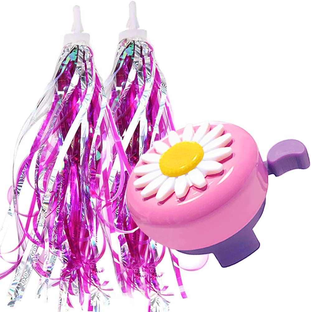 Kids Bike Bell and Streamers for Girls - 1 Pack Flower Bicycle Bell with 2 Pack Bike Streamers for Children'S Bike Accessories