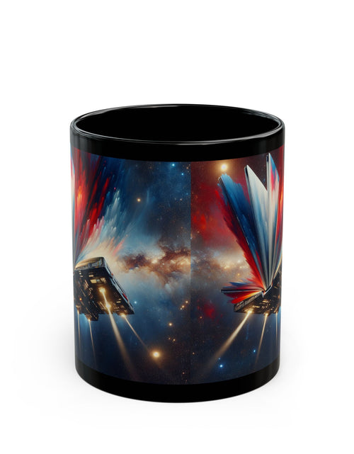 Load image into Gallery viewer, Cosmic Escape Mug, Black Coffee Mug, Space-Themed Gift, Sci-Fi Mug, Book Lover&#39;s Mug, 11oz &amp; 15oz, Unique Cosmic Artwork
