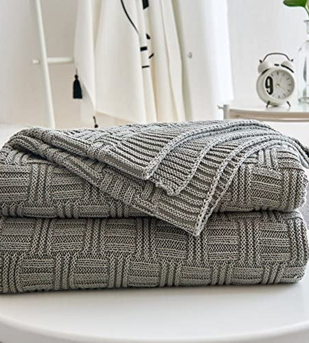 Cotton Gray Cable Knit Throw Blanket for Couch Chairs Bed Beach , Home Decorative Grey Knitted Blanket , 50 X 60 Inch with a Washing Bag ,Silk Bow Tie Package