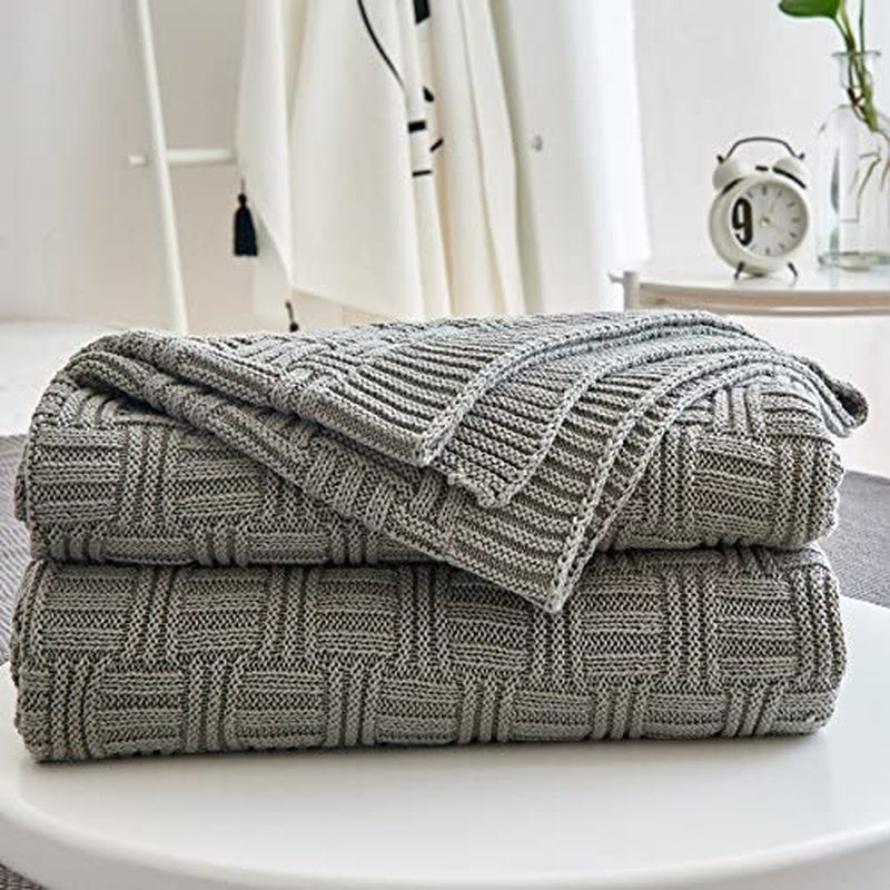 Cotton Gray Cable Knit Throw Blanket for Couch Chairs Bed Beach , Home Decorative Grey Knitted Blanket , 50 X 60 Inch with a Washing Bag ,Silk Bow Tie Package