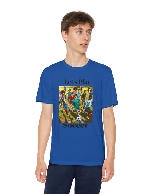 Load image into Gallery viewer, Youth Soccer Tee - Let&#39;s Play Soccer, Kids Sports Shirt, Soccer T-Shirt, Activewear for Boys &amp; Girls, Team Spirit Apparel
