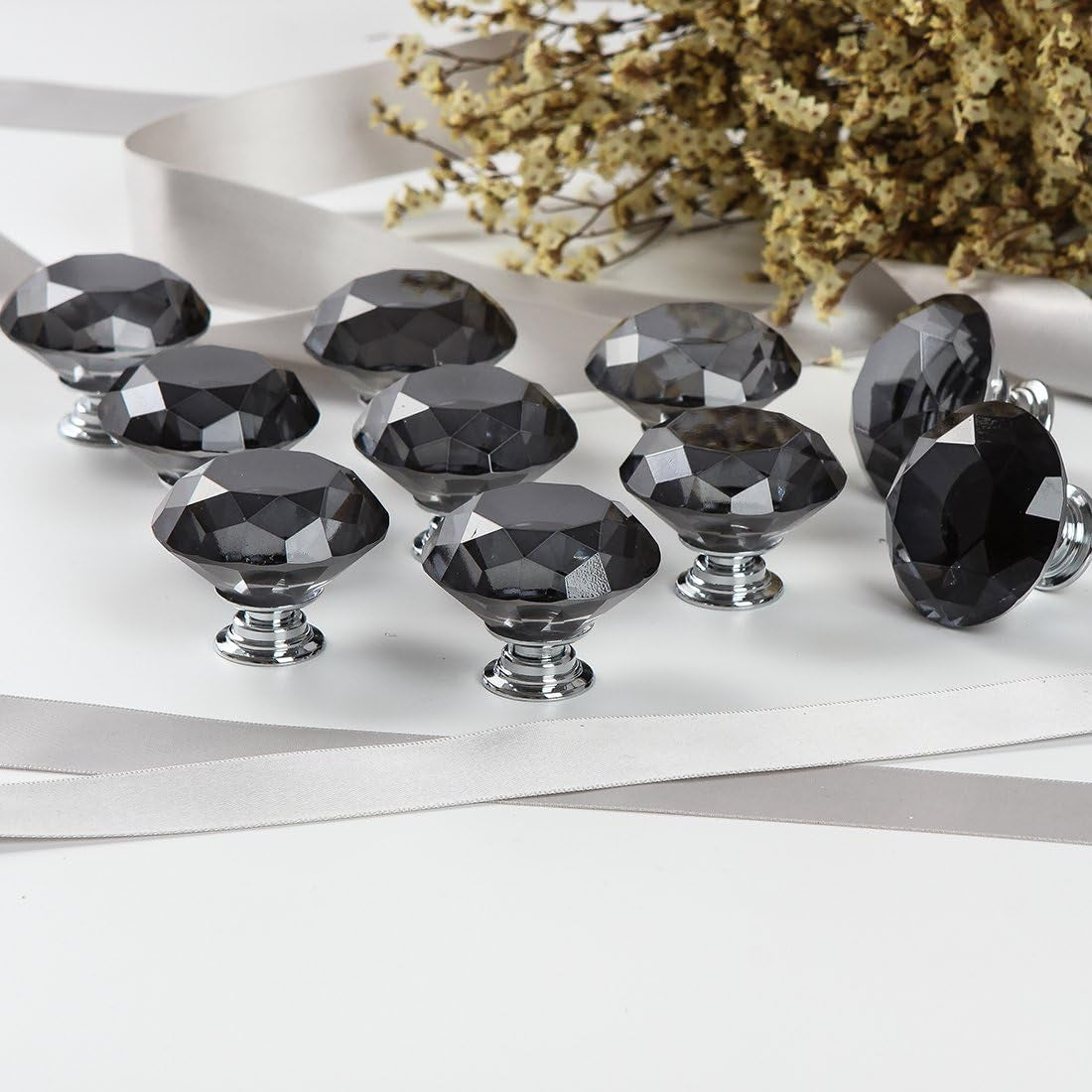 10 PCS Diamond Crystal Glass Pull Handle Cabinet Knobs Cupboard Drawers Cabinet Dresser Bookcase Wardrobe (40Mm, Grey)