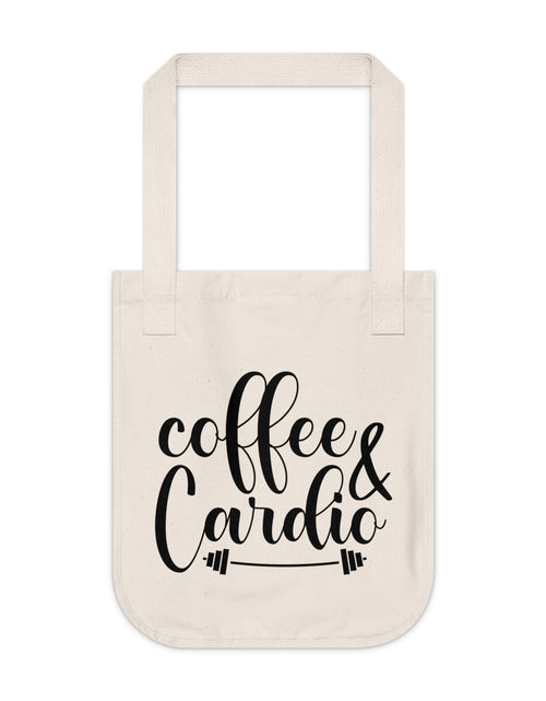 Load image into Gallery viewer, Coffee &amp; Cardio Organic Canvas Tote Bag | Gym Tote, Eco-Friendly, Workout Accessories, Gift for Fitness Lovers, Everyday Use
