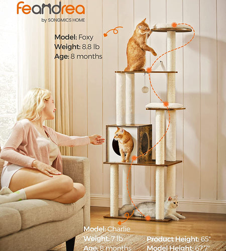 Woodywonders Cat Tree, 65-Inch Modern Cat Tower for Indoor Cats, Multi-Level Cat Condo with 5 Scratching Posts, Perch, Washable Removable Cushions, Cat Furniture, Rustic Brown UPCT166X01