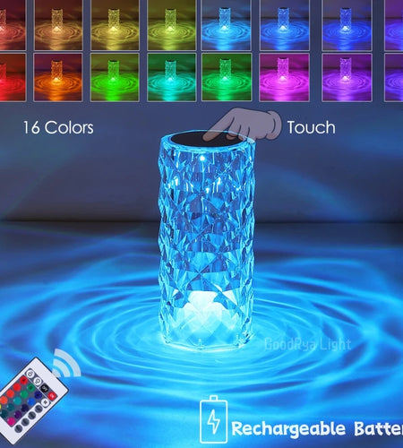 3/16 Colour LED Crystal Table Lamp Rechargeable Touch Rose Romantic Night Lamp Bedroom Bedside Lamp Living Room Bar Decoration