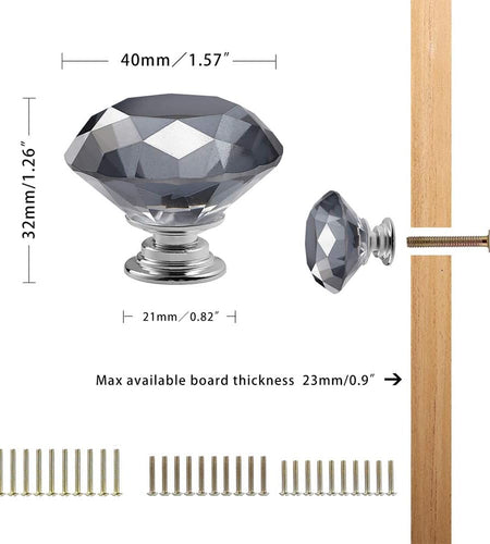 10 PCS Diamond Crystal Glass Pull Handle Cabinet Knobs Cupboard Drawers Cabinet Dresser Bookcase Wardrobe (40Mm, Grey)