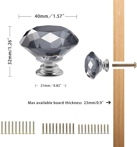 10 PCS Diamond Crystal Glass Pull Handle Cabinet Knobs Cupboard Drawers Cabinet Dresser Bookcase Wardrobe (40Mm, Grey)