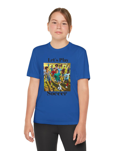 Load image into Gallery viewer, Youth Soccer Tee - Let&#39;s Play Soccer, Kids Sports Shirt, Soccer T-Shirt, Activewear for Boys &amp; Girls, Team Spirit Apparel
