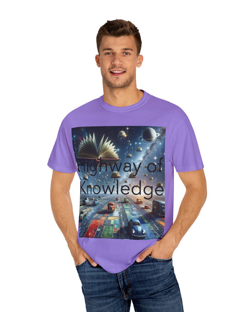 Load image into Gallery viewer, Highway of Knowledge Unisex Garment-Dyed T-shirt, Casual Tee, Gift for Readers, Book Lovers T-shirt, Unique Graphic Tee, Educational Apparel
