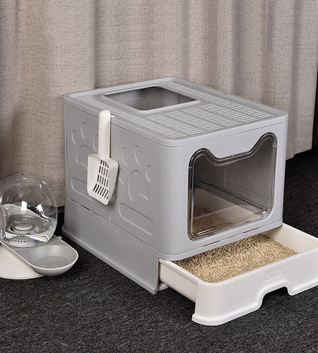 XXL Large Space Foldable Cat Litter Box with Front Entry & Top Exit with Tray