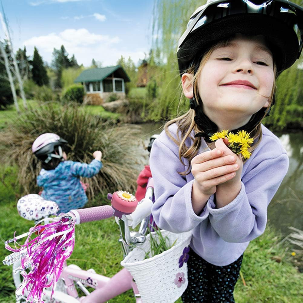 Kids Bike Bell and Streamers for Girls - 1 Pack Flower Bicycle Bell with 2 Pack Bike Streamers for Children'S Bike Accessories