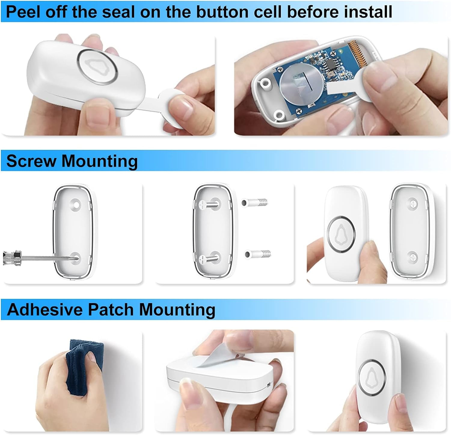 Wireless Doorbell, Easy Installation, Waterproof, Adjustable Volume, 58 Chimes, Colorful LED, 1000Ft Range, M520+F55, White