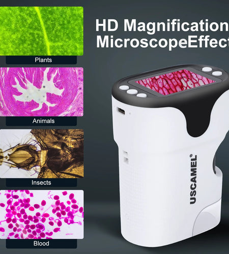 Pocket Digital Microscope for Kids 200X-1000X Handheld Microscope Toy for Children 2" Screen Microscope with LED Light 6 Slides, White