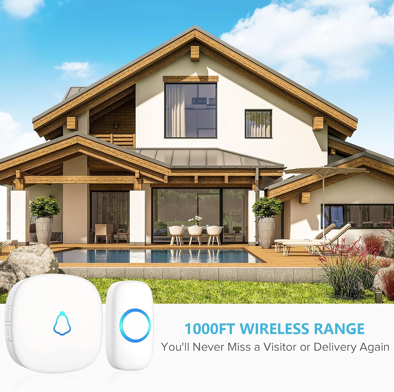 Wireless Doorbell, Easy Installation, Waterproof, Adjustable Volume, 58 Chimes, Colorful LED, 1000Ft Range, M520+F55, White