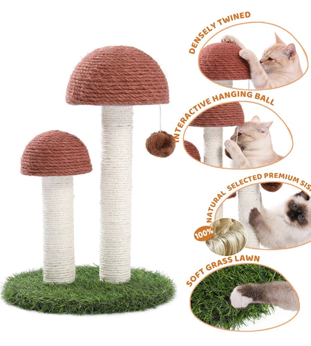 2 Mushrooms Cat Scratching Post 19" Sisal Claw Scratcher for Kittens and Small Cats, Brown