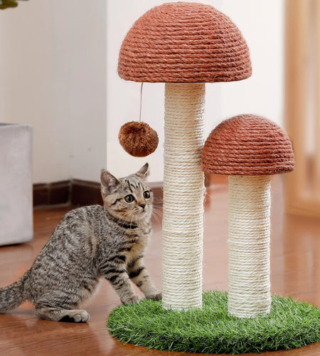2 Mushrooms Cat Scratching Post 19" Sisal Claw Scratcher for Kittens and Small Cats, Brown