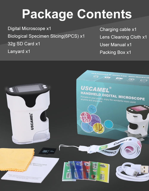 Load image into Gallery viewer, Pocket Digital Microscope for Kids 200X-1000X Handheld Microscope Toy for Children 2&quot; Screen Microscope with LED Light 6 Slides, White
