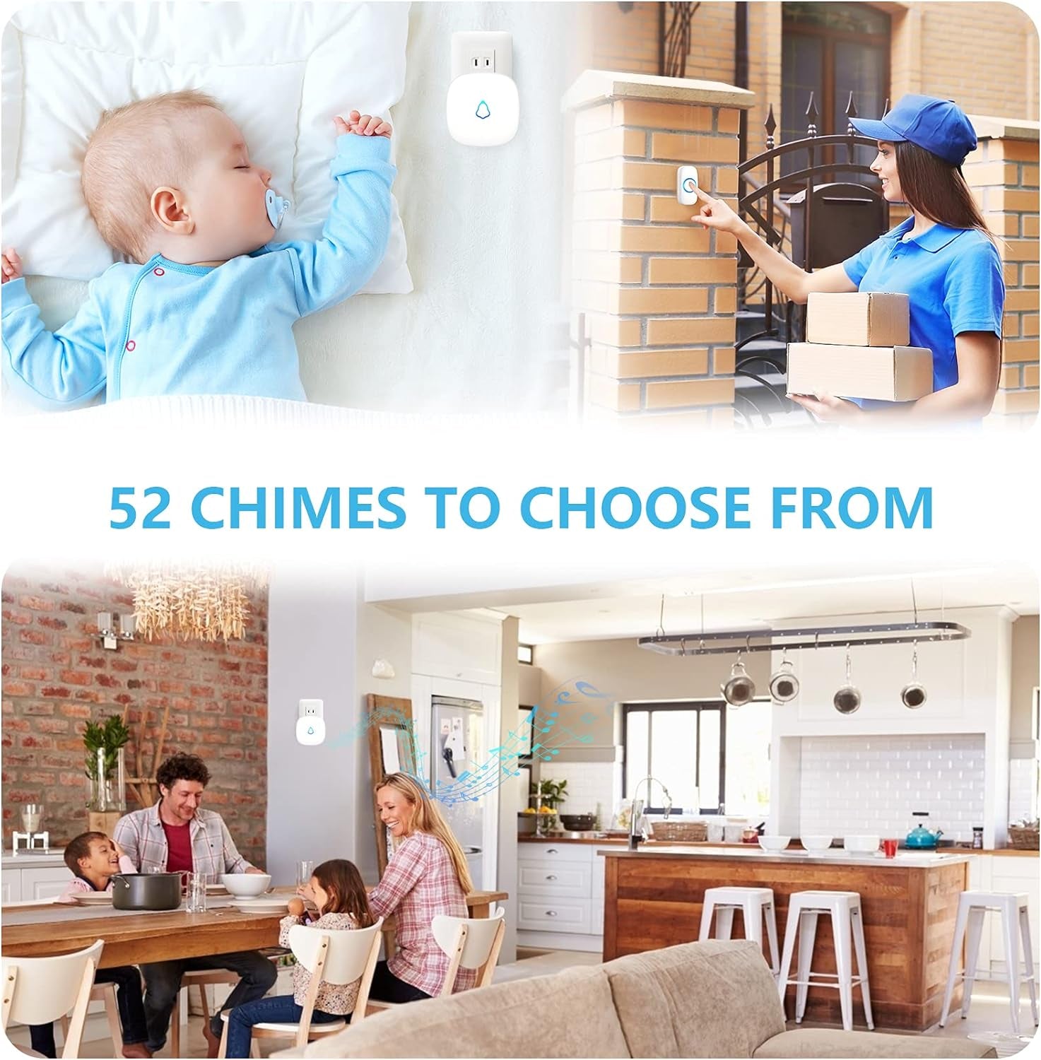 Wireless Doorbell, Easy Installation, Waterproof, Adjustable Volume, 58 Chimes, Colorful LED, 1000Ft Range, M520+F55, White